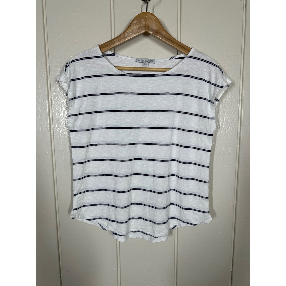 Green Envelope Top Women M White Blue Stripe Slub Knit Scoop Neck Cap Sleeves